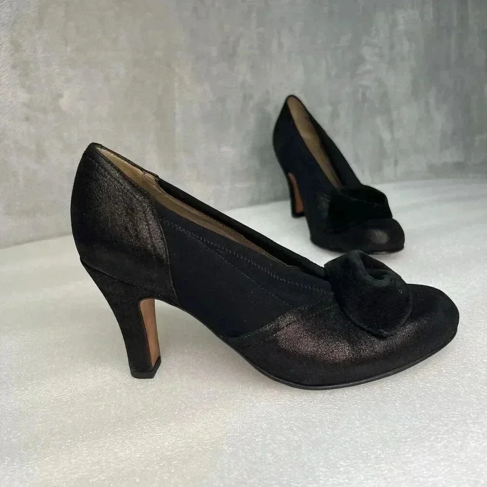 ANYI LU Hand Made Italy Heels Black Fabric Metallic Leather Bow Detail Formal 9